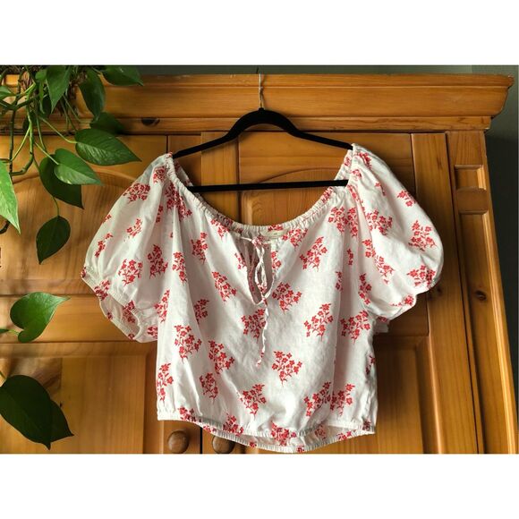 H&M LINEN-BLEND BLOUSE Cropped Puff Sleeve Floral TopSz S - Picture 1 of 7